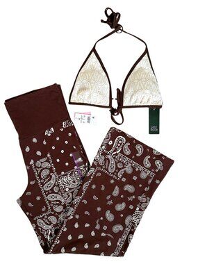 COACHELLA 🌵 Boho Festival Set XL: Brown Paisley Bandana Pants & Crochet Bikini